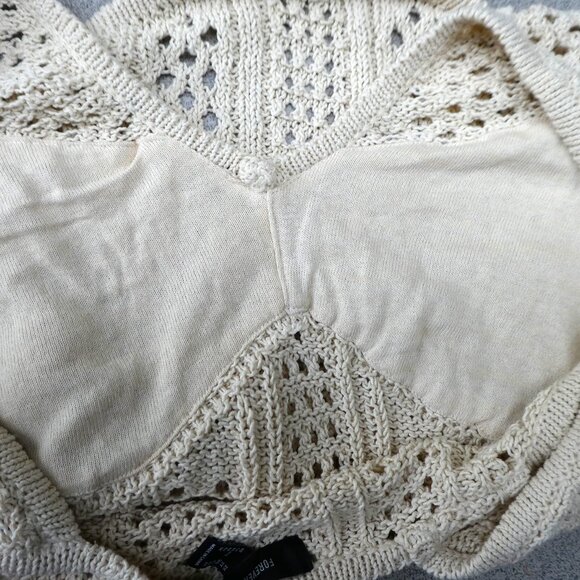 Y2K Open Crochet Ecru Tank Top Lined Bust V Neck Longer Front Curved Hem XL - Picture 3 of 5